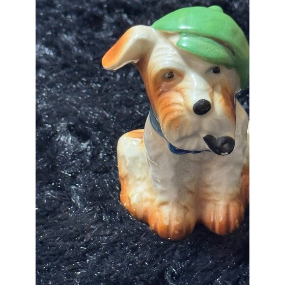 Vintage Occupied Japan Ceramic Terrier Figurine With Green Cap & Pipe - Picture 5 of 6